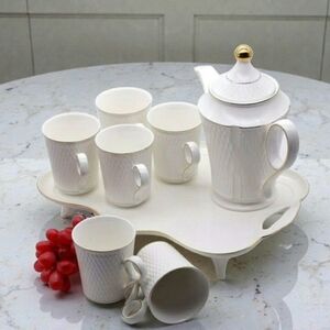 New Coffee Cup Afternoon Tea Set & Tray 8 Piece Ceramic White Gold Full Size